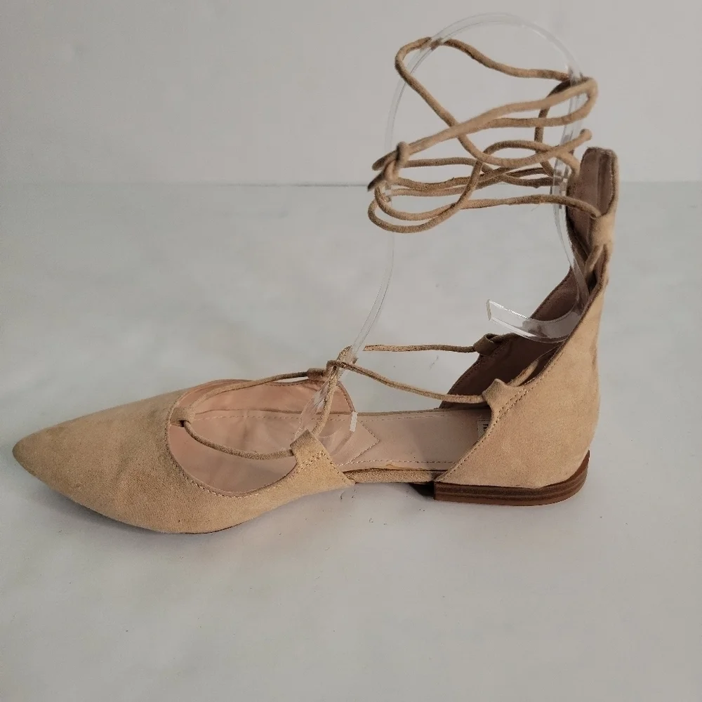 Zara Sz 38 8 Suede Lace Up Pointed Toe Ballet Flats Shoes Tan - Picture 1 of 8